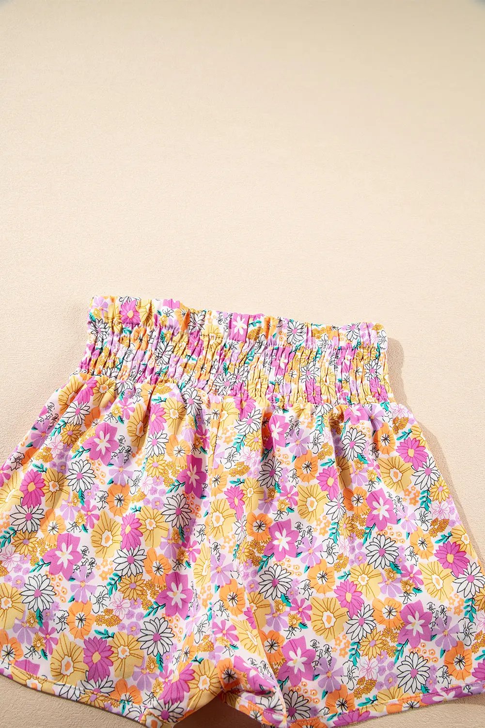 Pink Boho Floral Shirred High Waist Casual Shorts - Love Salve